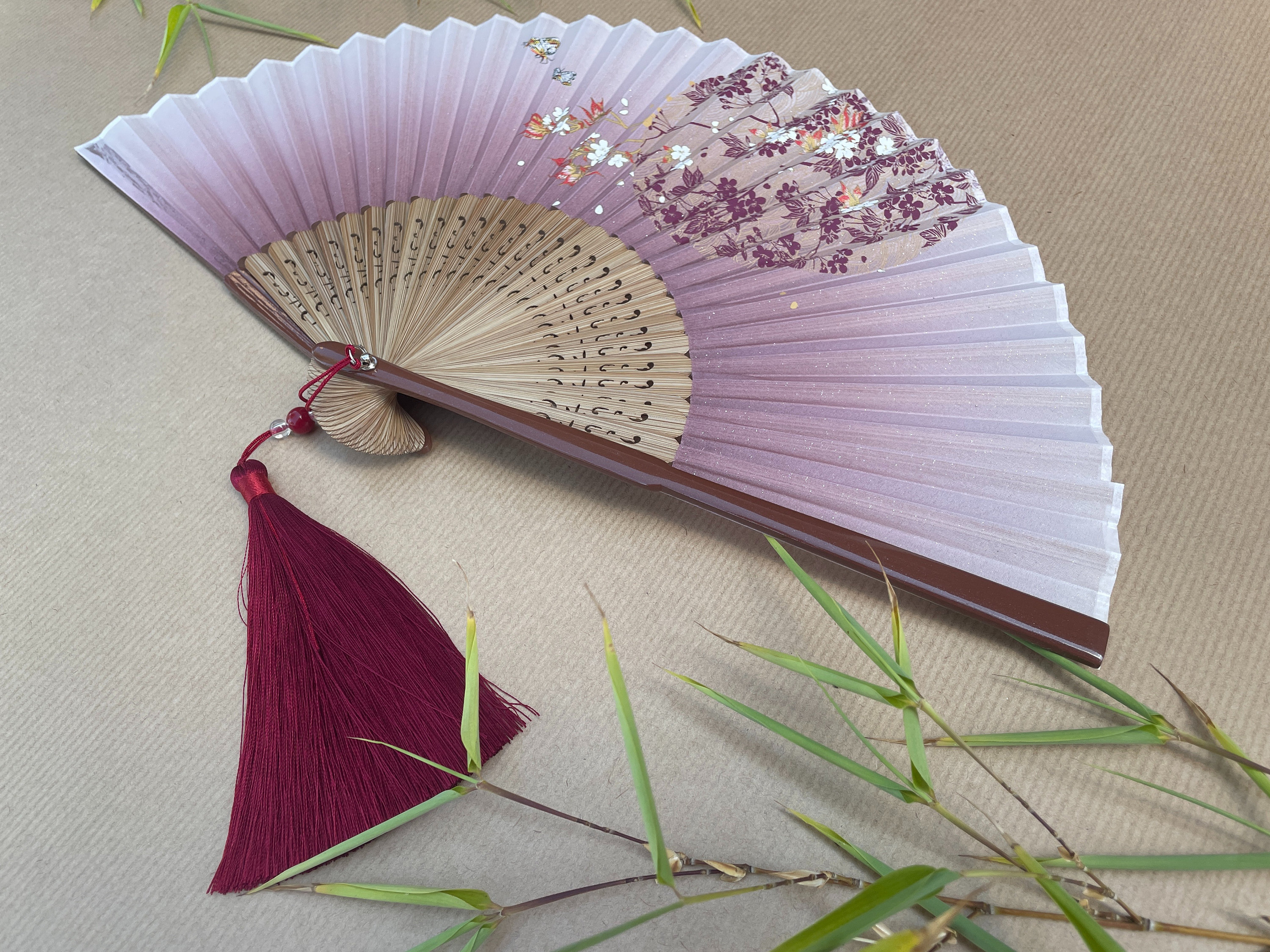 Lavender Gradient Burgundy Blossom Branch Folding Hand Fan - view 4
