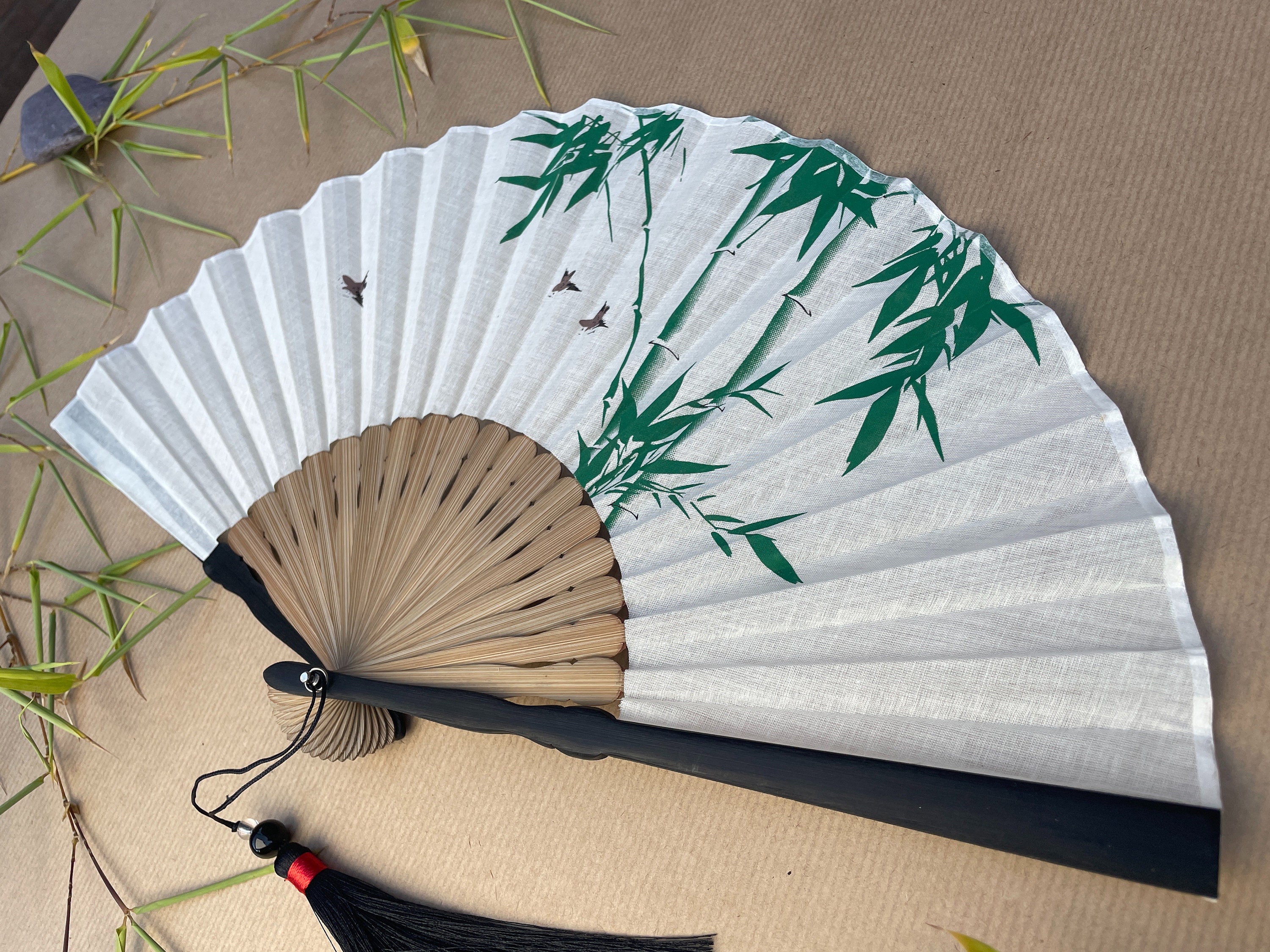 White Bamboo Leaf and Flying Bird Folding Hand Fan - view 5