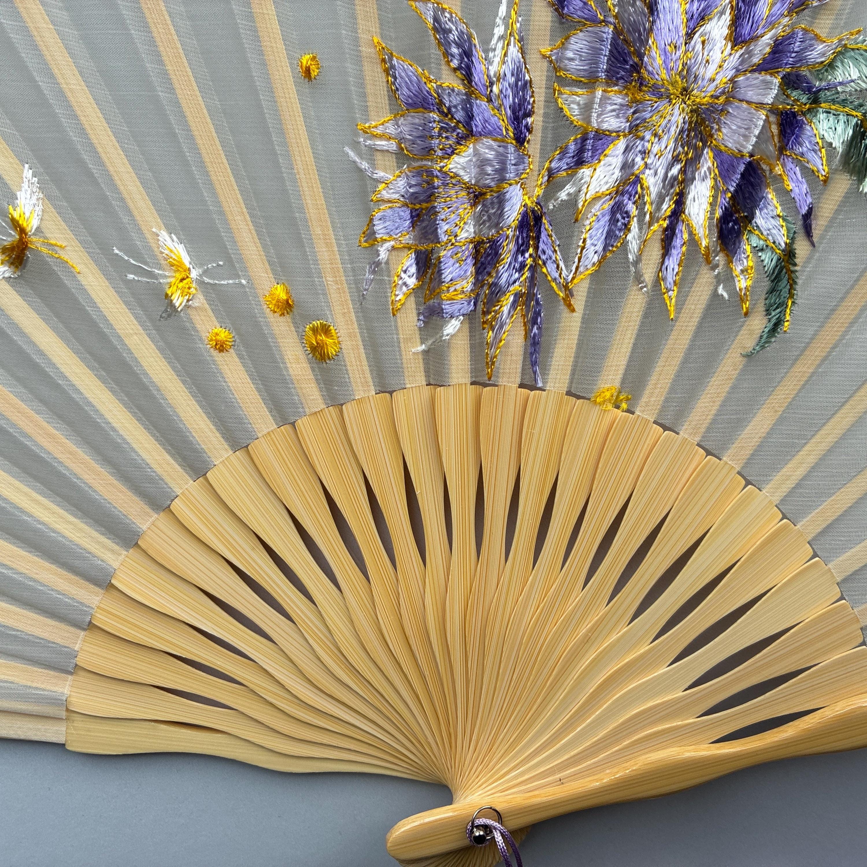 Purple Embroidered Floral Bloom Sheer Folding Hand Fan - view 5
