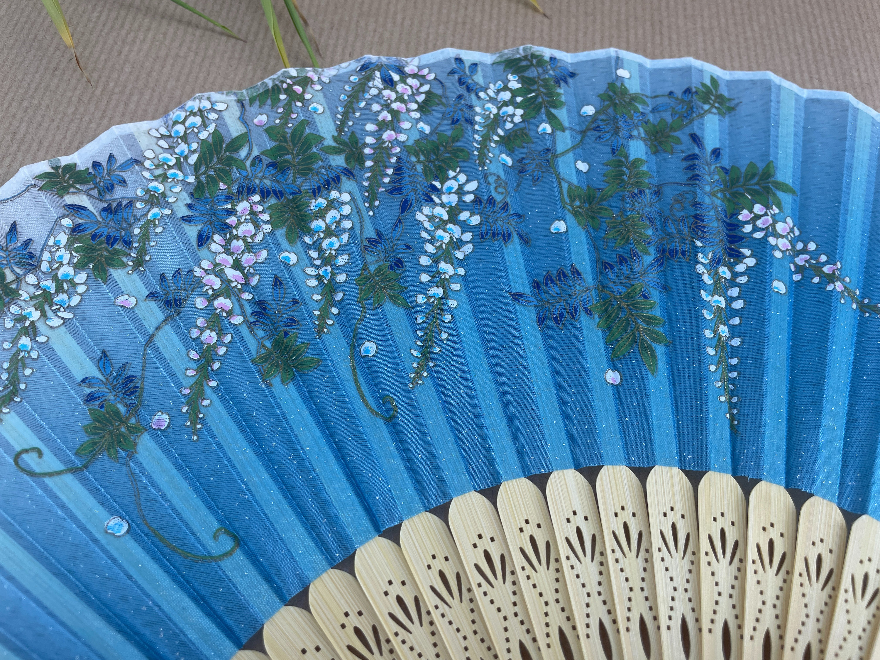 Blue Wisteria Spray and Butterfly Folding Hand Fan - view 2