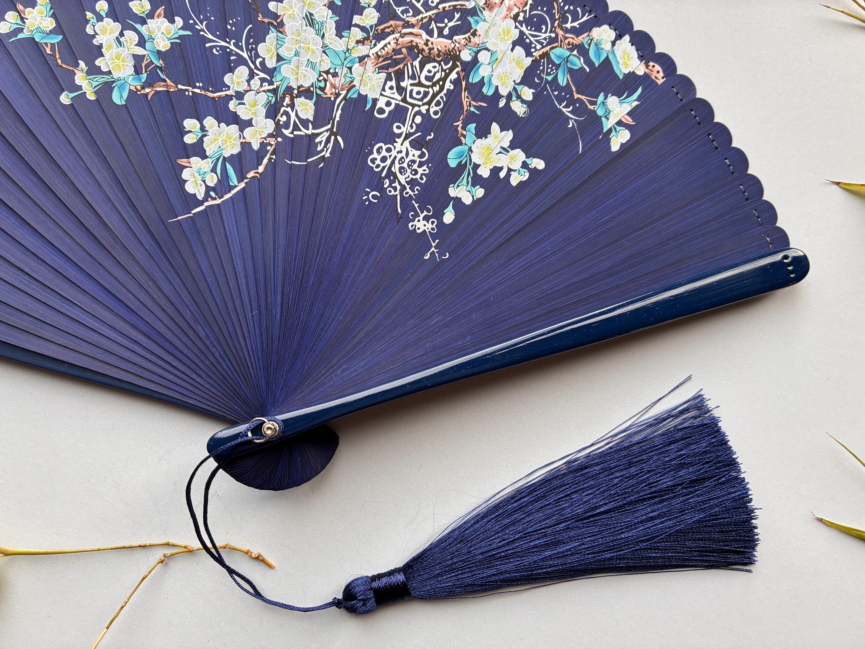 Deep Indigo White Blossom Branch and Bird Folding Hand Fan - view 6