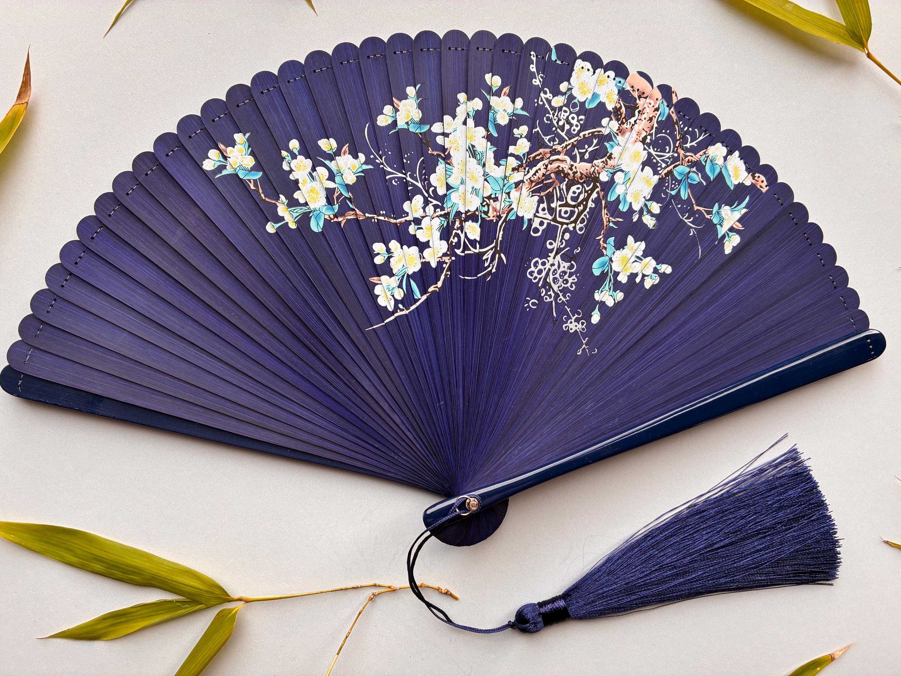 Deep Indigo White Blossom Branch and Bird Folding Hand Fan - view 4