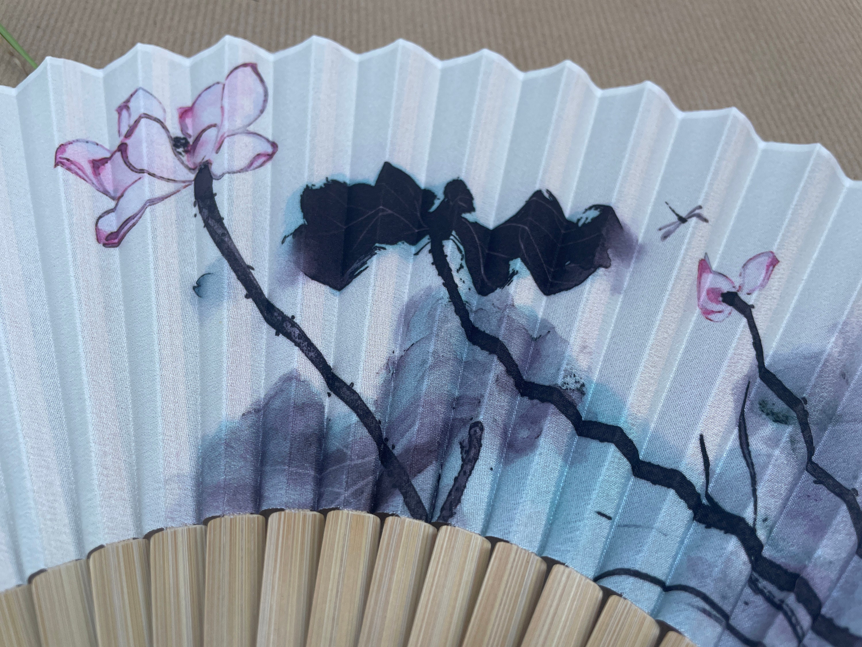 Ink Lotus Blossom and Dragonfly Folding Hand Fan - view 3